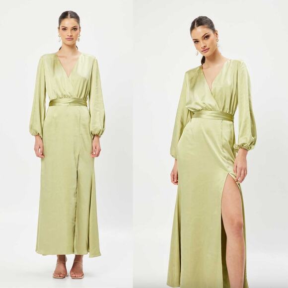 ELLIATT | Kai Maxi Dress in Avocado Green Satin Surplice Balloon Sleeve L - Picture 1 of 16